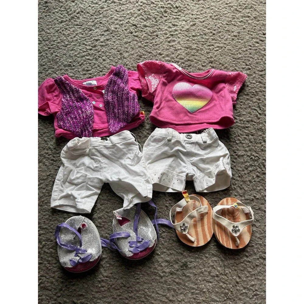 6 Piece Build A Bear Girls Summer Spring Clothing Lot Pink, Purple,White W/Shoes